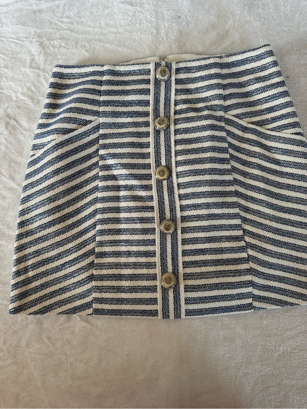 Veronica Beard Navy and Cream Striped Button-Front Mini Skirt